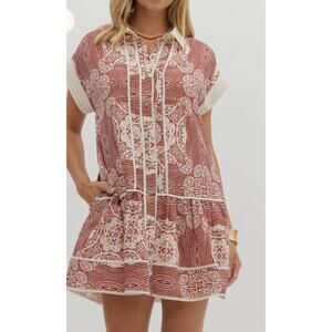 Entro Abstracte Ethnice Ruffle Hem Mini Dress Women’s Sz Large New